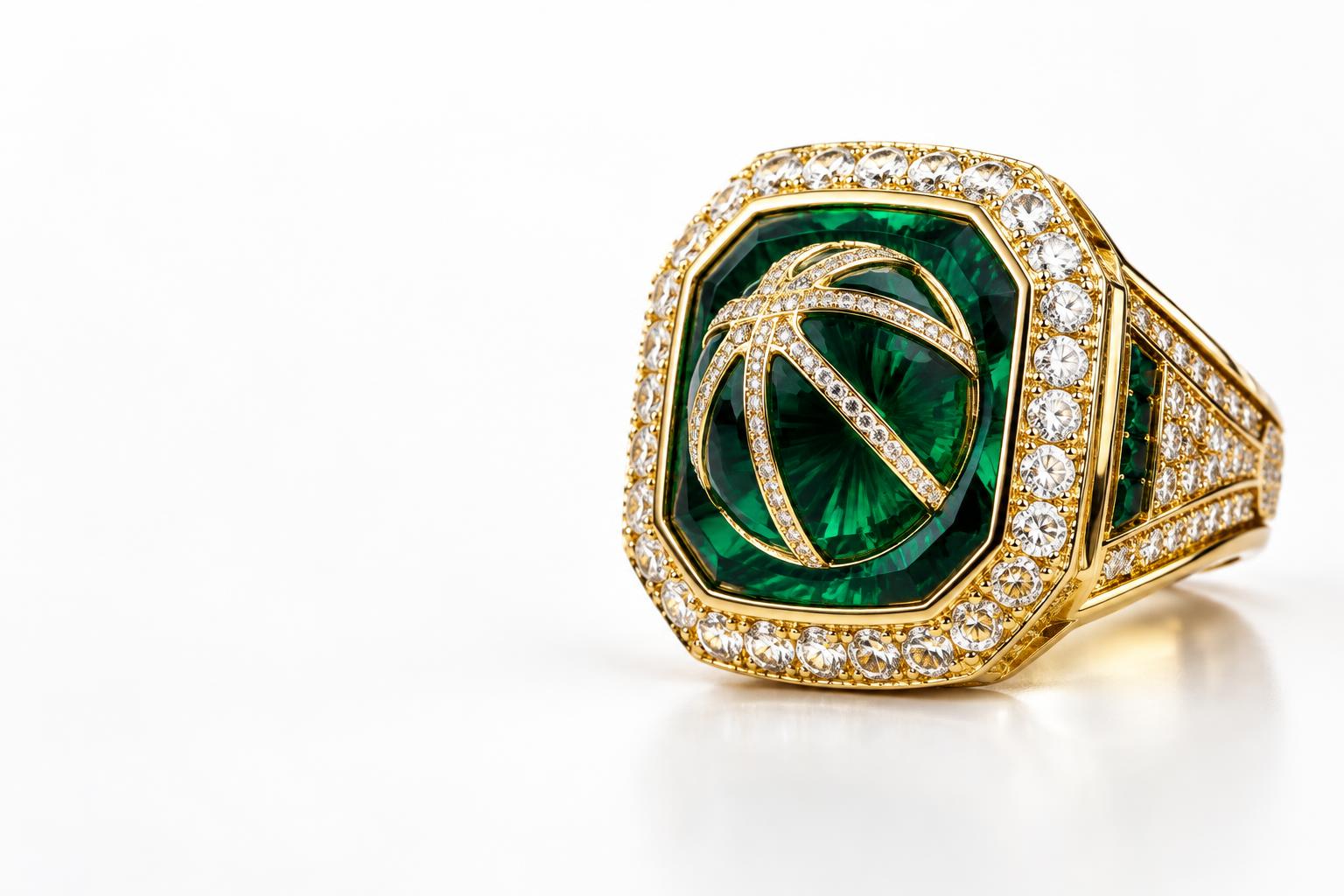 Illustrative gold basketball ring with an emerald-green face
